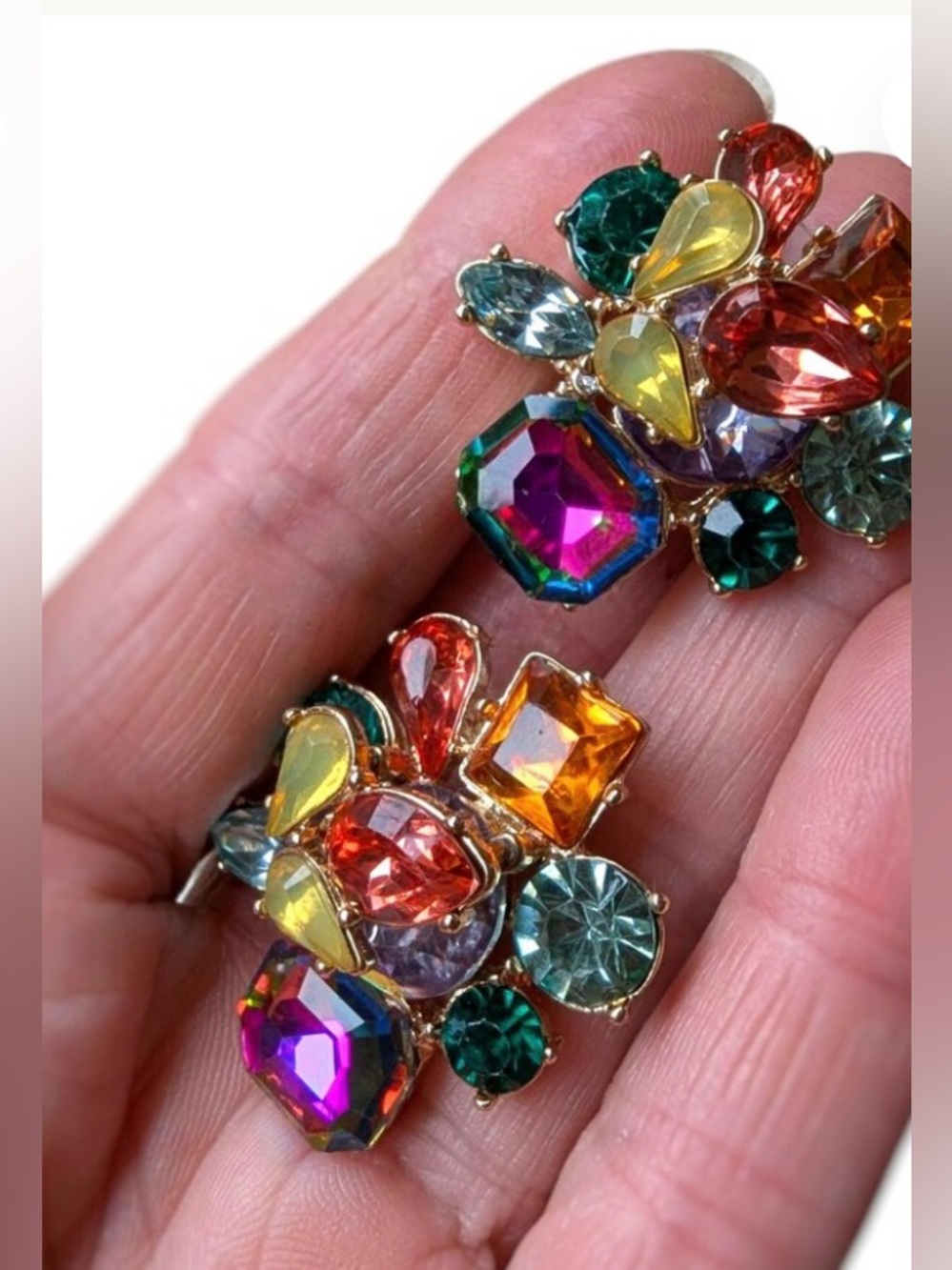 Vintage Rhinestone Cluster Earrings: Multi-Colored Goldtone Studs Great Quality
